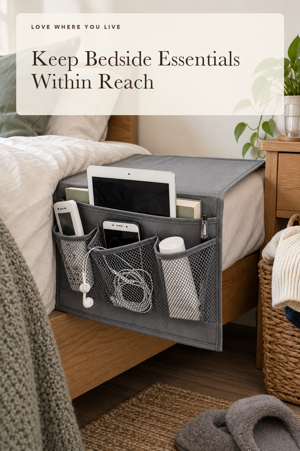 DuomiW Bedside Caddy, Table Cabinet Storage Organizer, 4 Pockets (Grey); styling illustration
