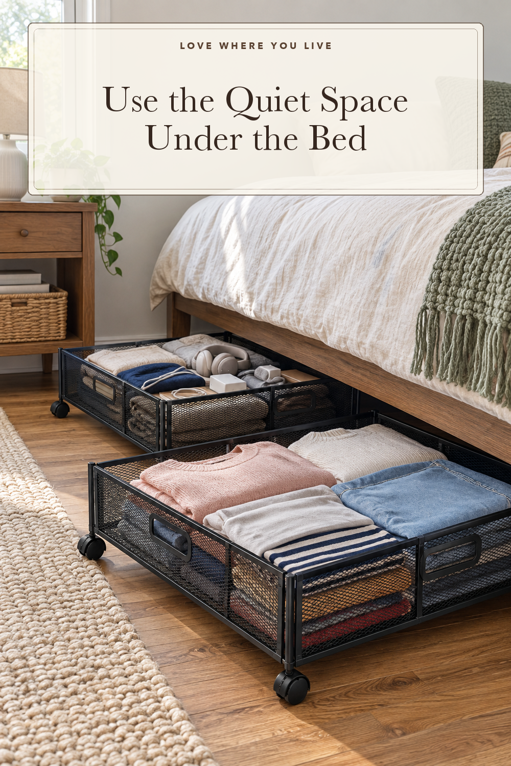 Under Bed Storage Containers, Shoe Storage With Wheels, Foldable Bedroom Storage Organization with Handles, Under Bed Storage Bins Drawer For Clothes, Blankets And Shoes, Bedding (2 Pack, Black); styling illustration