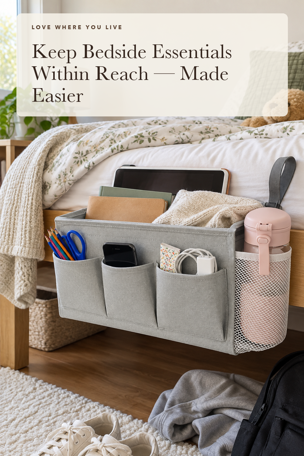 Lilithye Bedside Caddy, Bedside Storage Bag Hanging Organizer for Bunk Bed; styling illustration
