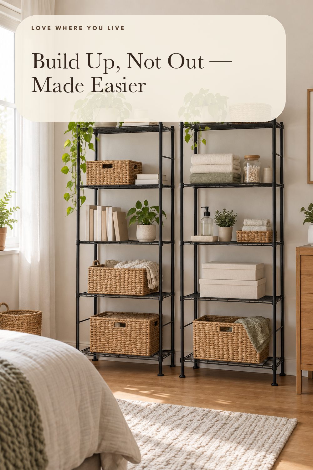 Sakugi 2-Pack 5-Tier Metal Storage Shelves, 18.4"x12.6"x57.4", Black; styling illustration