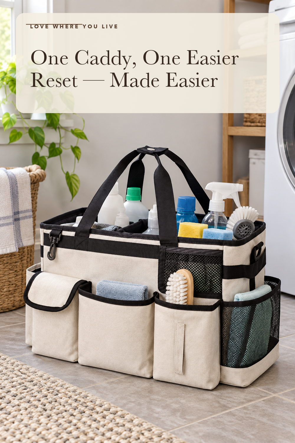 Cleaning Caddy Organizer with Handle - Large Caddy Bag for House & Bathroom Cleaning Supplies, 15 x 8 x 10.5 inches Cleaning Supply Caddy, Housekeeping Tote with Adjustable Strap - Beige; styling illustration