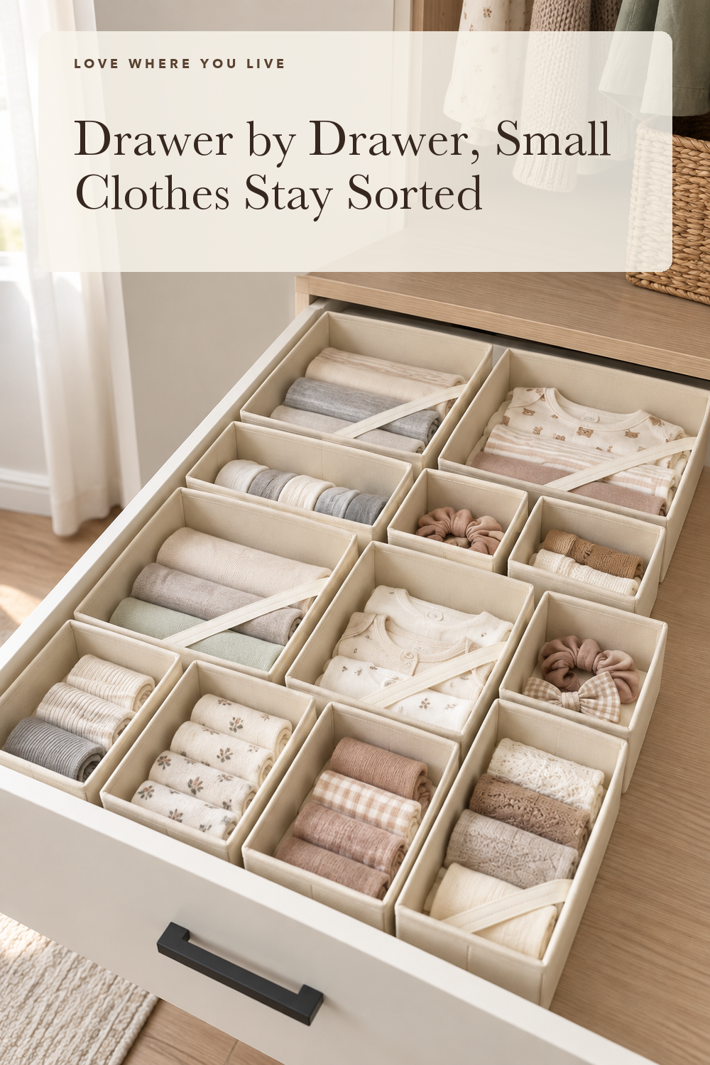 DIMJ Drawer Organizer Clothes, 12 Pack Dresser Organizer for Nursery, Baby Clothes, Underwears, Sock, Fabric Dresser Bins, Drawer Dividers, Foldable Closet Organizers and Storage(Beige); styling illustration