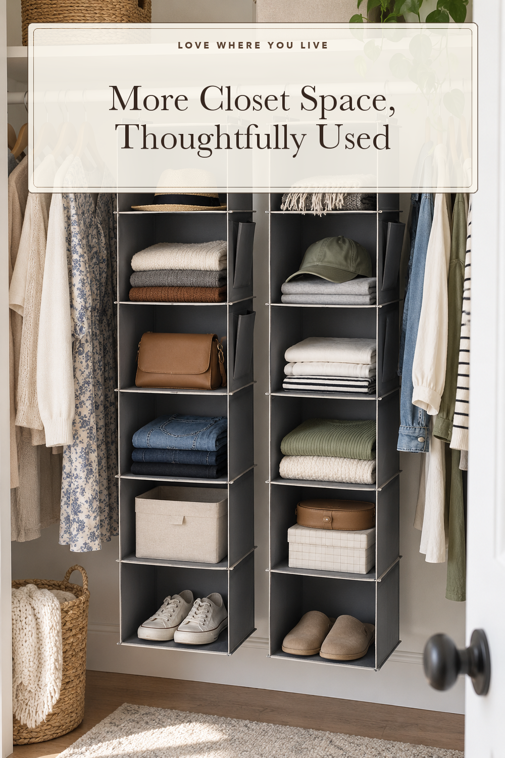 YOUDENOVA Hanging Closet Organizer and Storage, 6-Shelf, 2 Packs, Grey; styling illustration