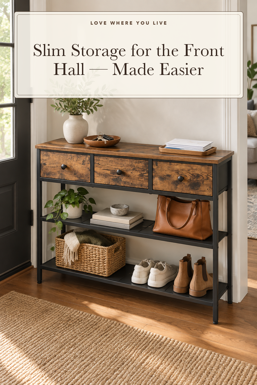 SONGMICS Console Table with 3 Fabric Drawers, Narrow Entryway Furniture; styling illustration
