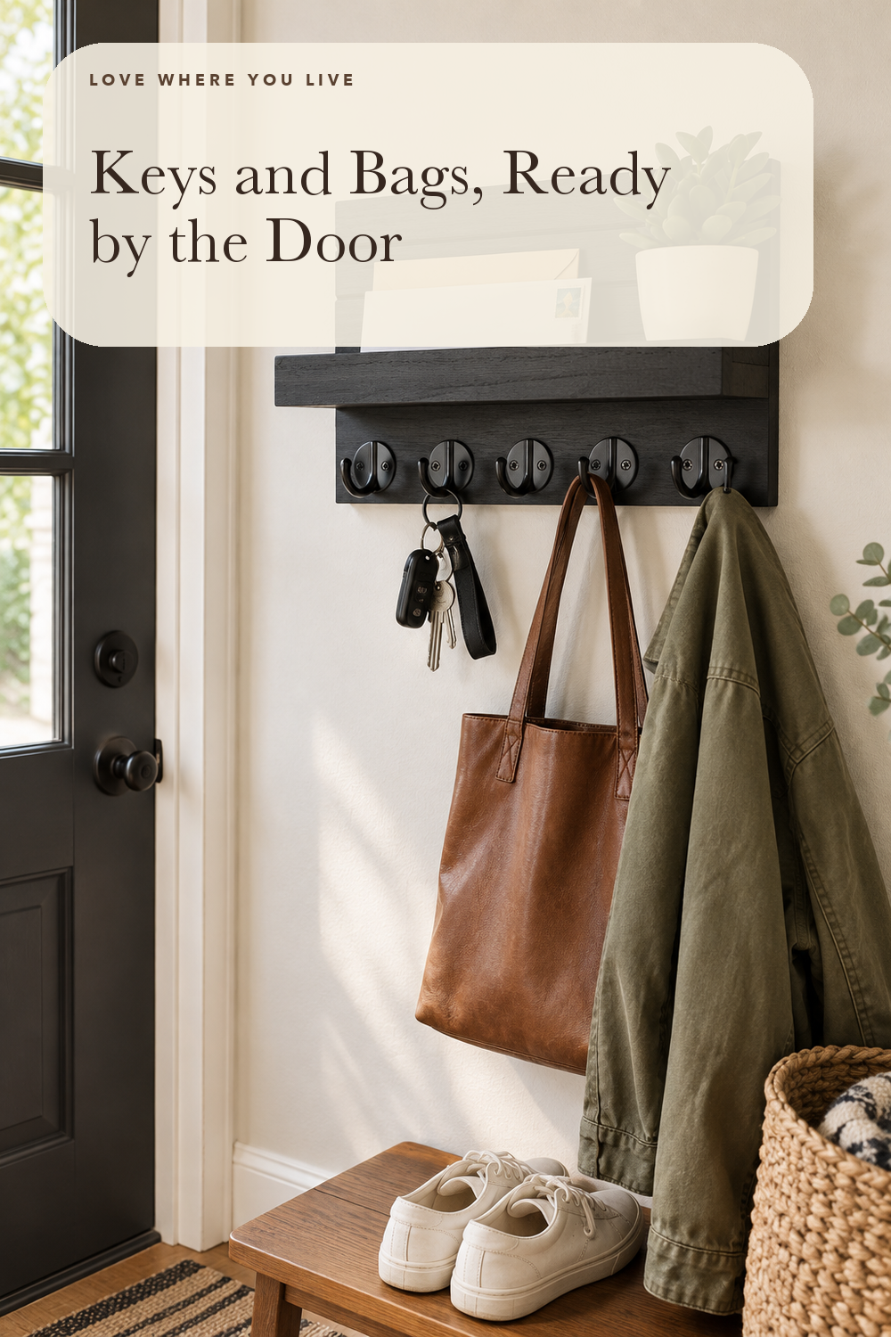 Lwenki Key Holder for Wall, Decorative Key and Mail Holder with Shelf Has Large Hooks for Bags, Coats, Umbrella – Paulownia Wood Key Hanger with Mounting Hardware (9.8”W x 6.7”H x 4.2”D); styling illustration