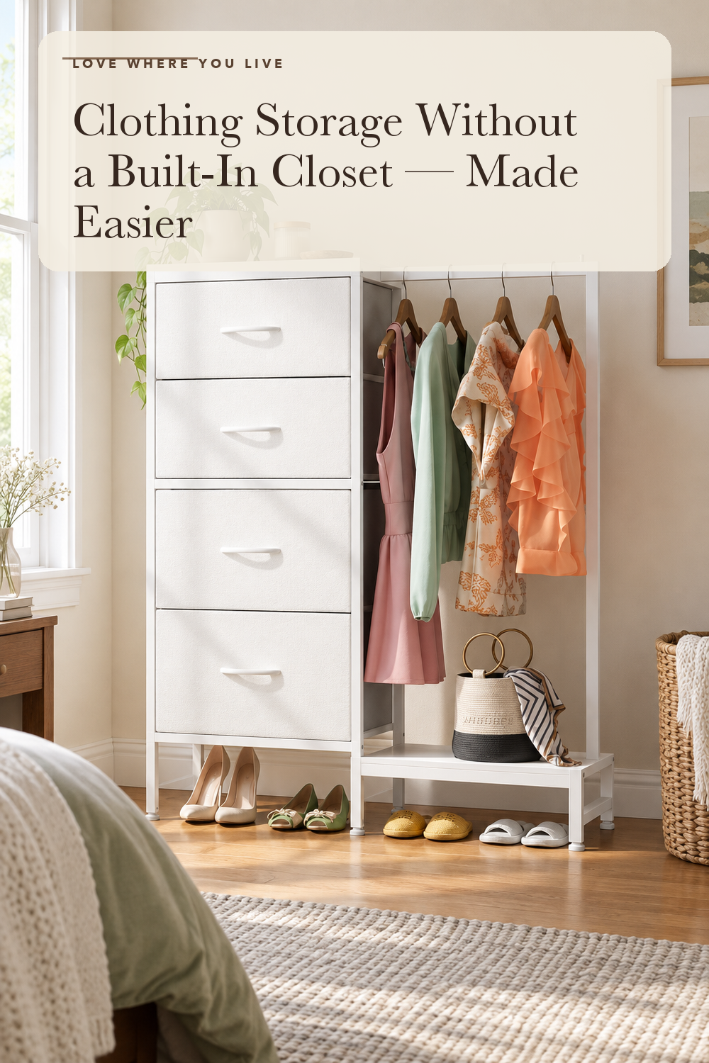 HIGDBFE Tall Dresser 44''H with Hanging Rack, 4 Drawers Small Closet Dresser for Bedroom, Reversible Fabric Chest of Drawers with Clothes Rack, Tall Storage Tower, Sturdy Frame, White; styling illustration