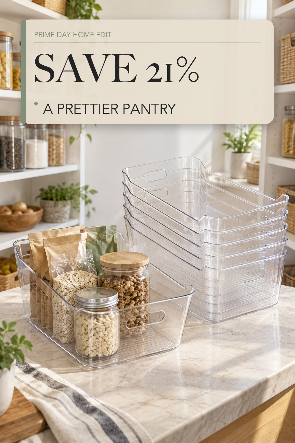 Tiawudi 6 Pack Plastic Storage Bins, Extra Large Pantry Organizer, 13.5" x 10" Clear Storage Containers and Organizer Bins, Multi-Use Bins for Home, Kitchen, Closet and Cabinet; lifestyle styling illustration