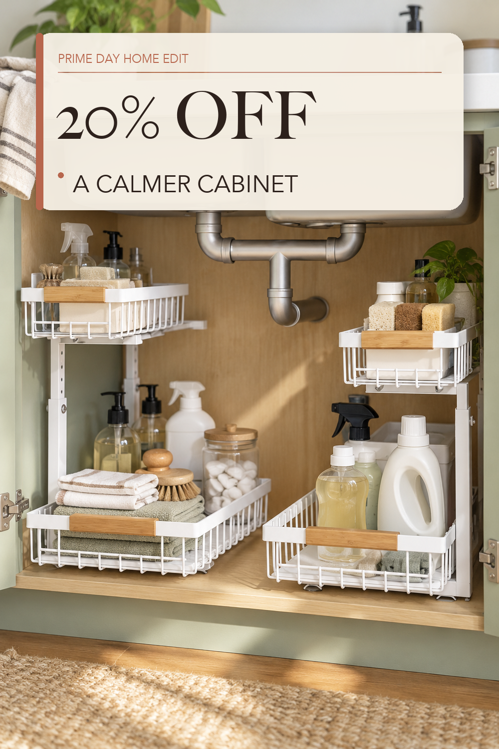 Kitstorack Under Sink Organizer, 2 Tier Under the Sink Storage, Slide out Pull out Cabinet Organizer Shelf, Metal Sliding Drawer for Kitchen Bathroom Pantry Closet Organization Rack, White, 2 Pack; lifestyle styling illustration
