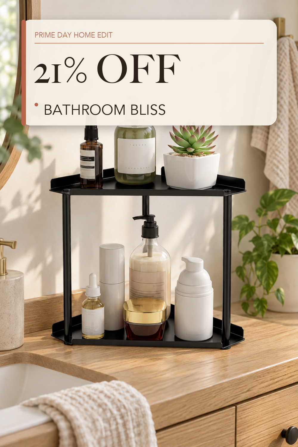 Jesginboo 2 Tier Bathroom Counter Organizer, Vanity Organizer Corner Shelf; lifestyle styling illustration
