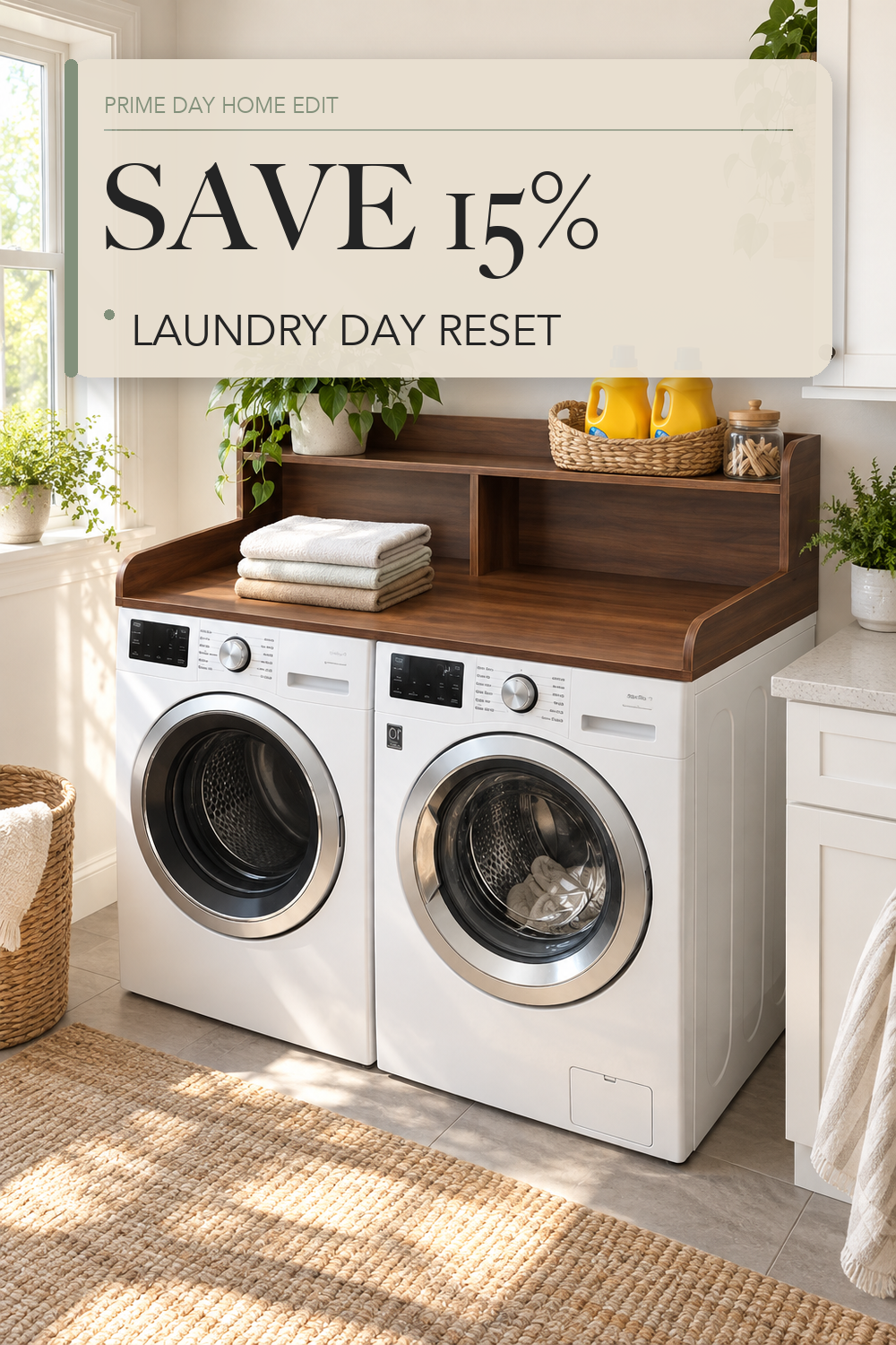 Royxen Laundry Countertop with Storage Universal Fit, Washer and Dryer Countertop with Shelf, 2-Tier Washer Dryer Topper for Laundry Room Storage (Walnut); lifestyle styling illustration