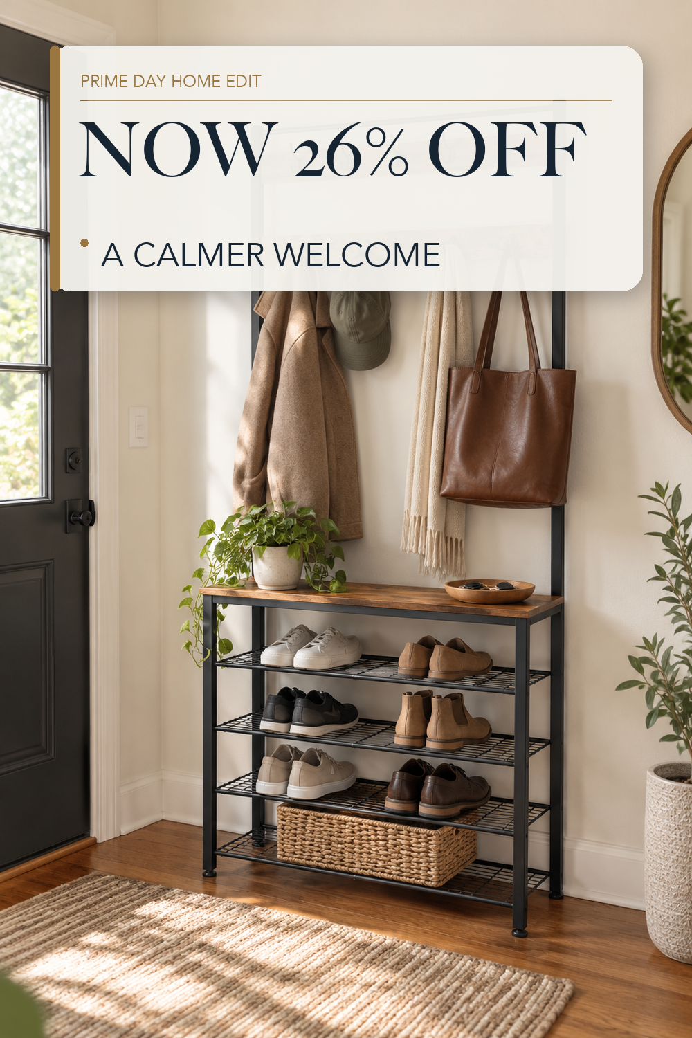 HOOBRO Hall Tree, Coat Rack with Shoe Rack, Hall Tree with Bench, 5 Tier Shoe Storage Organizer with 9 Hooks for Entryway, Closet, Sturdy, Industrial, Rustic Brown and Black BF80MT01G2; lifestyle styling illustration
