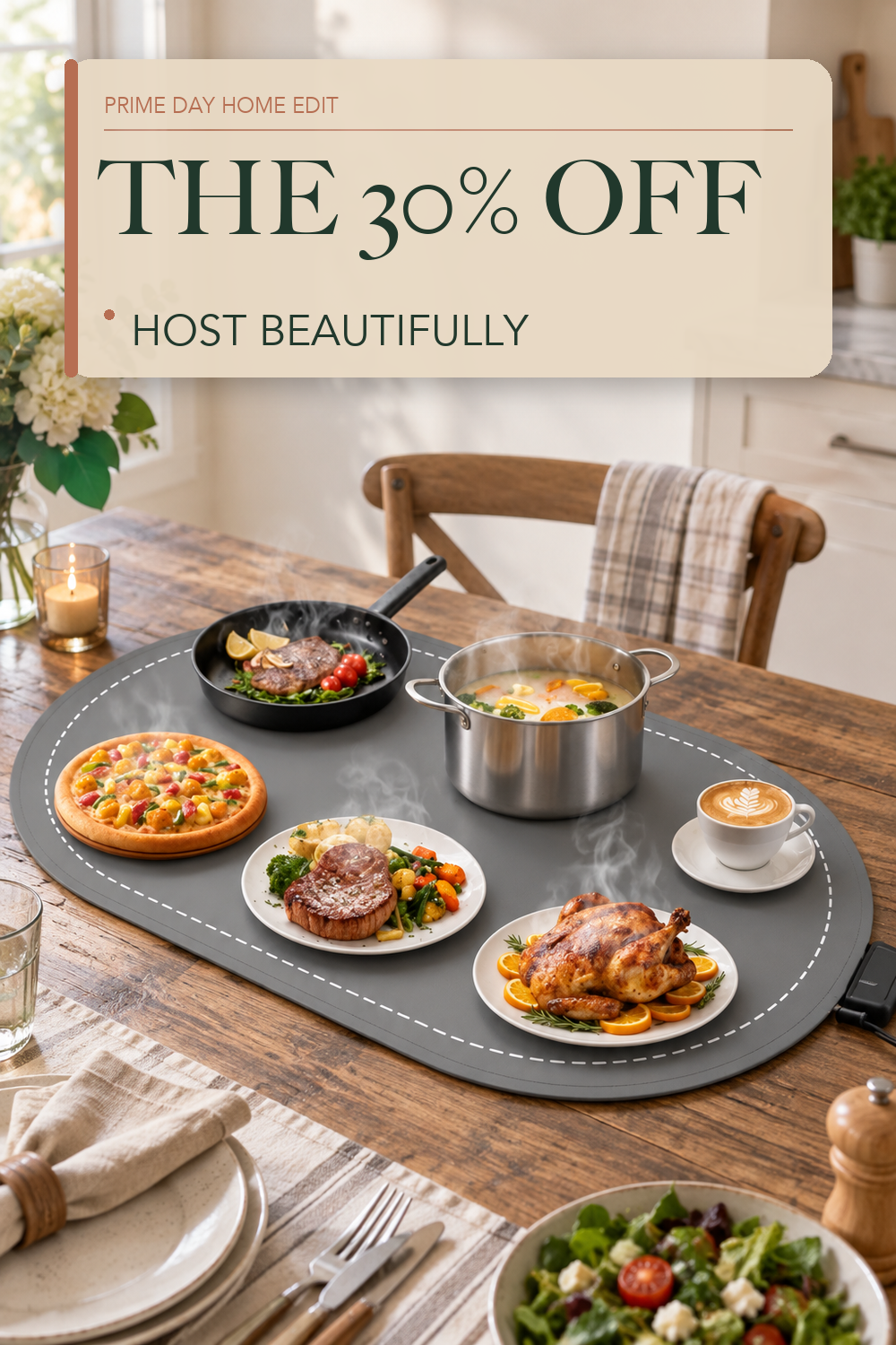 seenlast Warming Mat for Food with Adjustable Temperature Timer,10S Fast Heating Silicone Food Warmers for Parties Buffet and Home Daily,Food Warming Mat with Insulating Pad Raised Feet Protects Table; lifestyle styling illustration