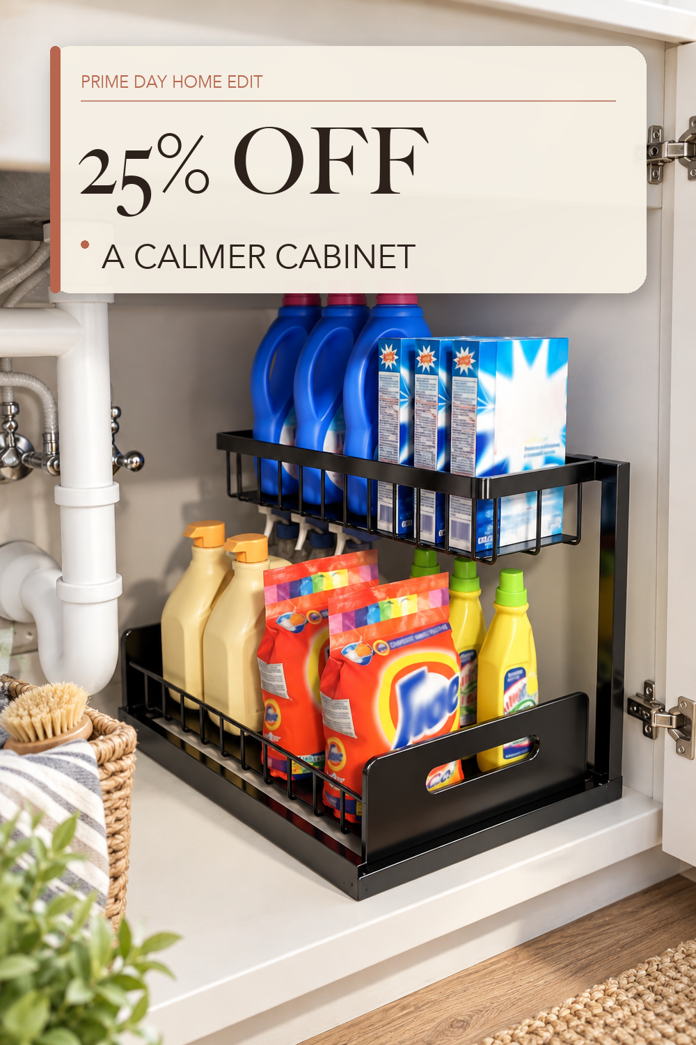 REALINN Under Sink Organizer, L-Shaped Pull Out Cabinet Organizer, Kitchen; lifestyle styling illustration