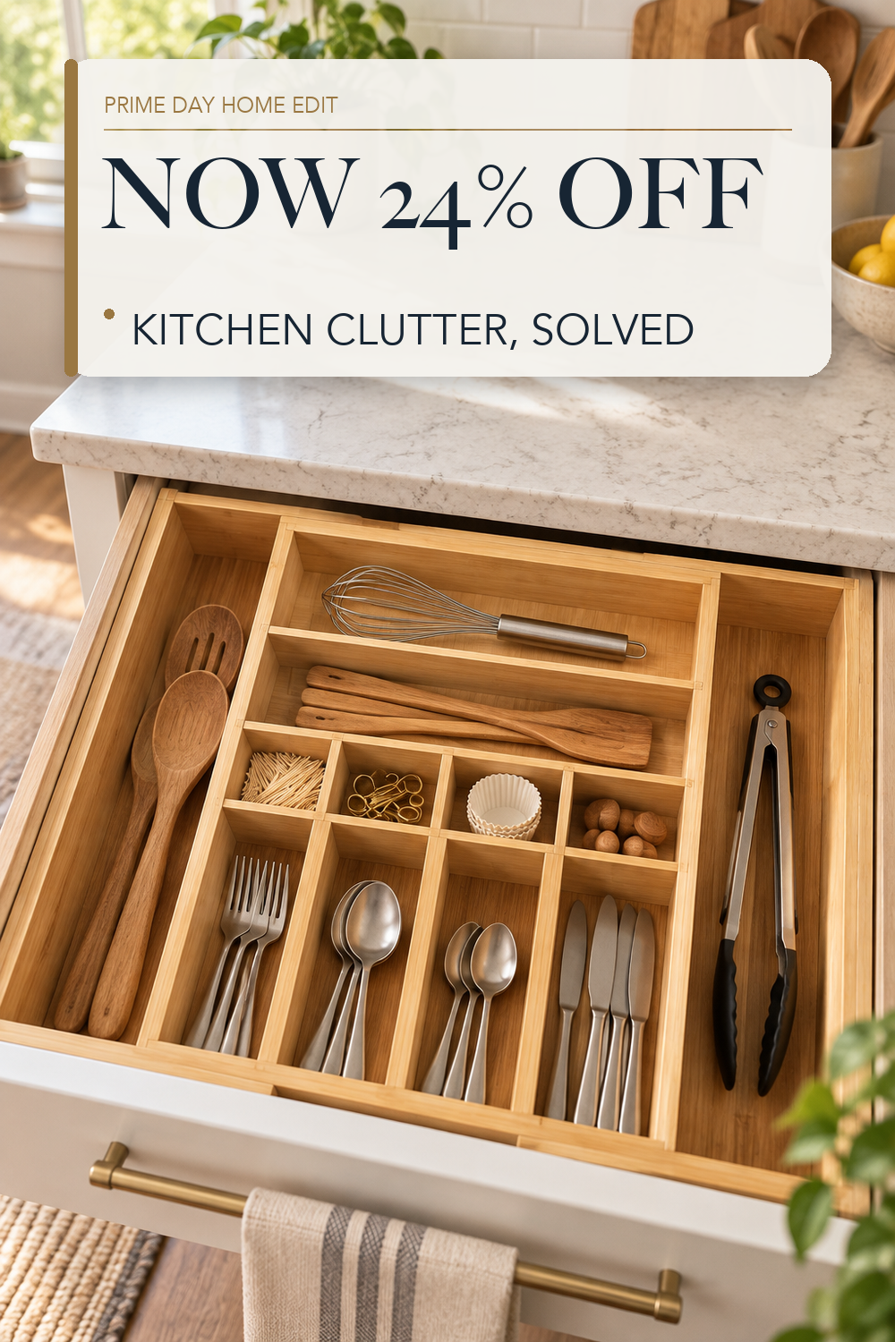 ROYAL CRAFT WOOD Luxury Bamboo Kitchen Drawer Organizer for Kitchen Organization - Silverware Organizer, Utensil Holder & Cutlery Tray Drawer Dividers for Flatware Silverware Storage, 9 Slot, Natural; lifestyle styling illustration