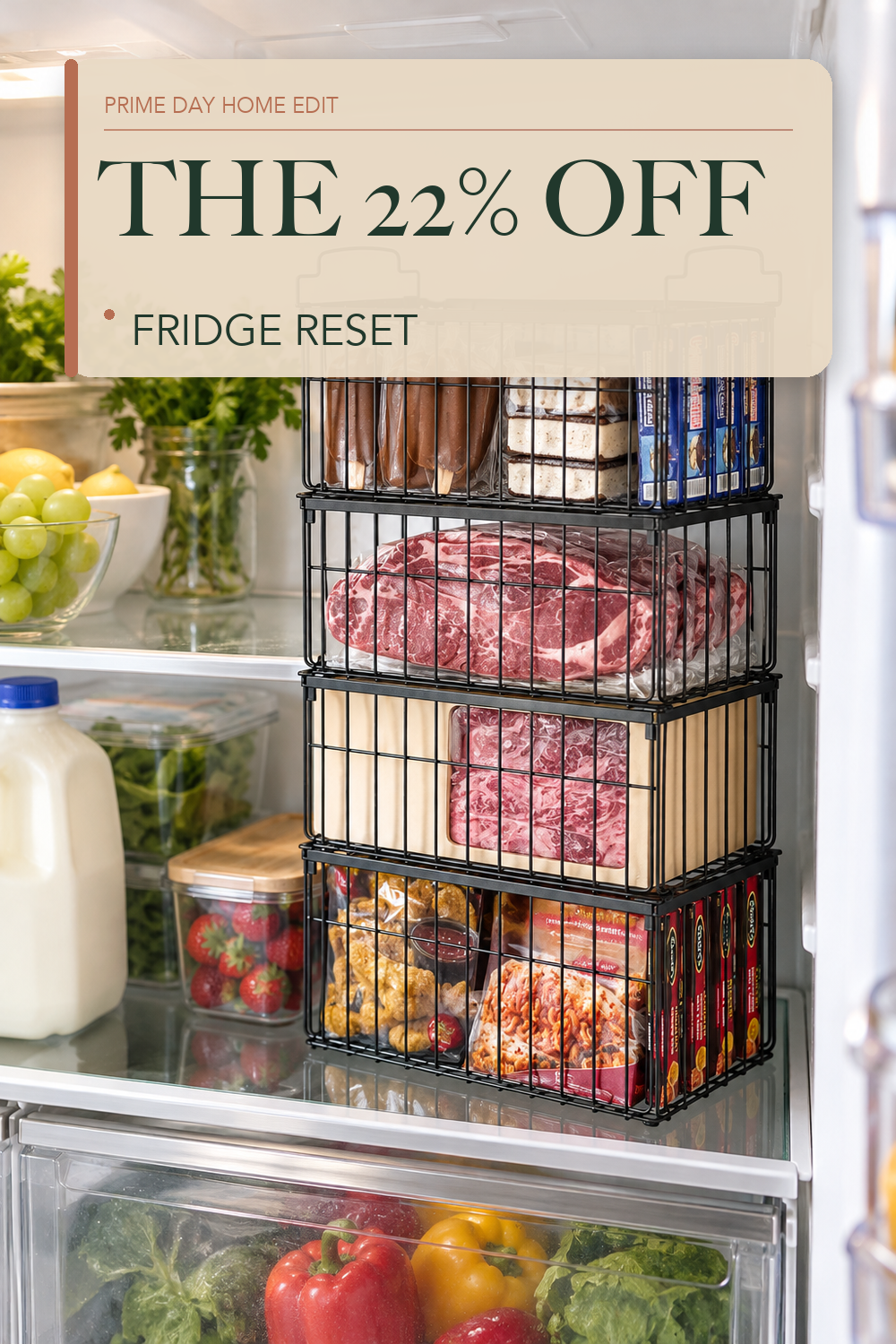 Freezer Organizer Bins, 4 Pack Big Baskets for 5/ 7 Cu.FT Deep Freezer; lifestyle styling illustration