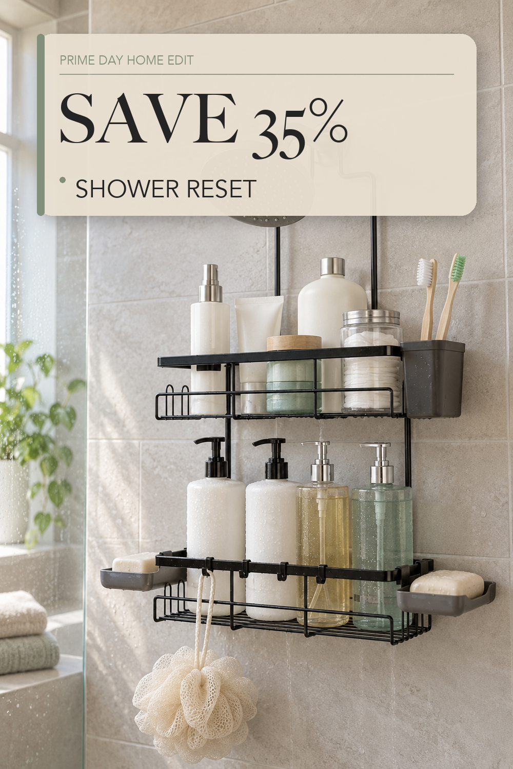 Hanging Shower Caddy Over Showerhead - Rustproof No Drill Shower Organizer; lifestyle styling illustration