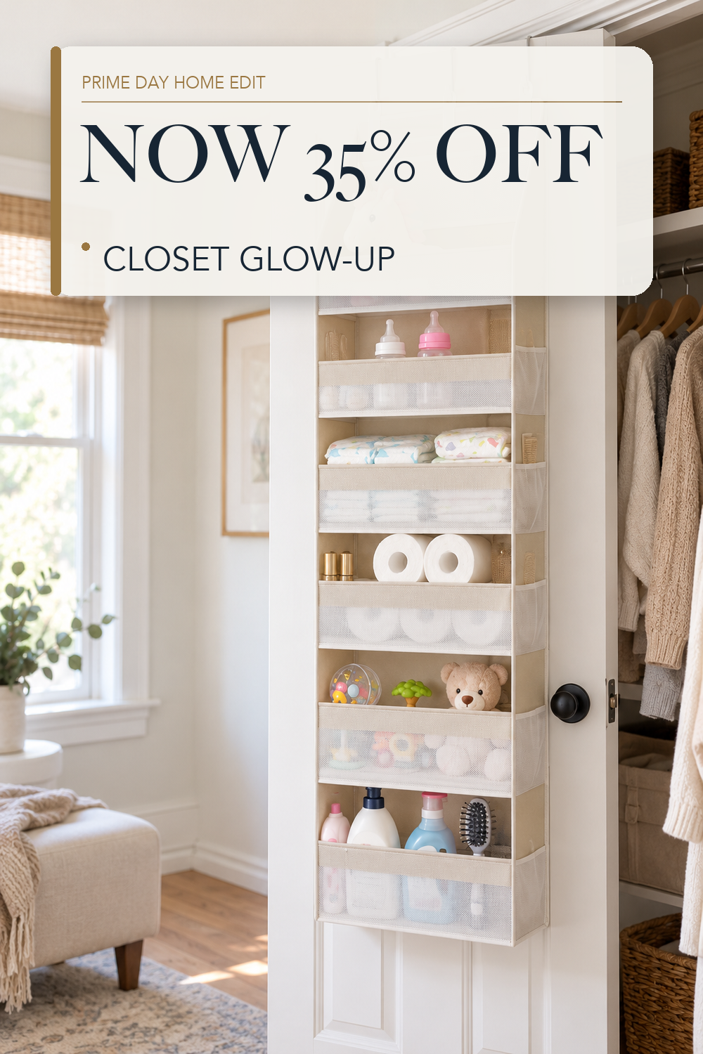 Criusia Over the Door Organizer, 6-Shelf Closet Hanging Storage with 13 Mesh Pockets, 55lbs Capacity Behind the Door Storage for Baby Nursery, Bathroom, Bedroom, and Dorm, Beige; lifestyle styling illustration
