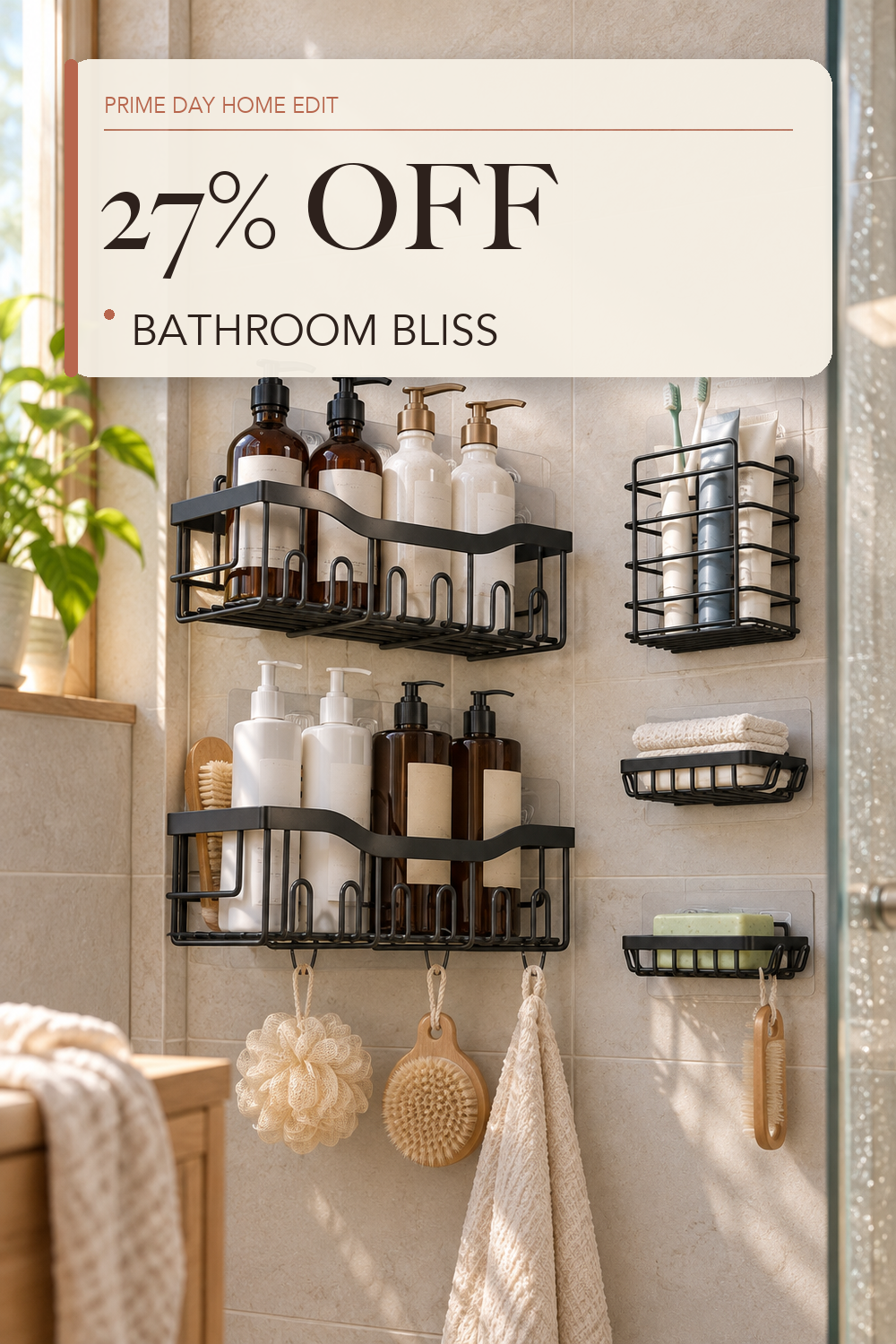EUDELE Adhesive Shower Caddy, 5 Pack Rustproof Stainless Steel Bath Organizers With Large Capacity, No Drilling Shelves for Bathroom Storage & Home Decor; lifestyle styling illustration