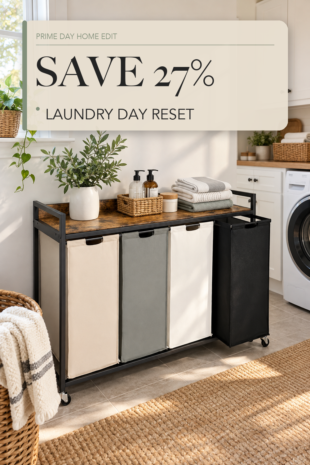 Herture Laundry Hamper with Shelf, Laundry Basket 4 Section, Laundry Sorter with Pull-Out Removable Large 4 Color Bags and Movable Wheels, Metal Frame, 4 x 15.87 Gallons (60L), Rustic Brown PF07XLN; lifestyle styling illustration