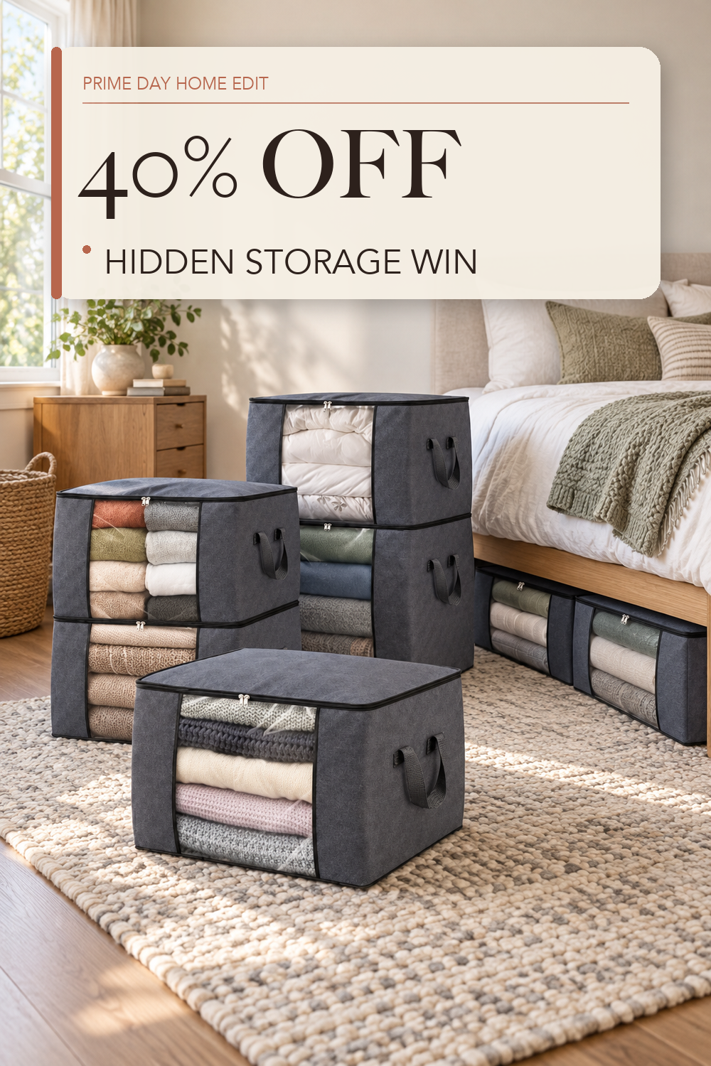 Fab totes 6 Pack Storage Bags for Clothes Blanket Storage Bins with Lids; lifestyle styling illustration