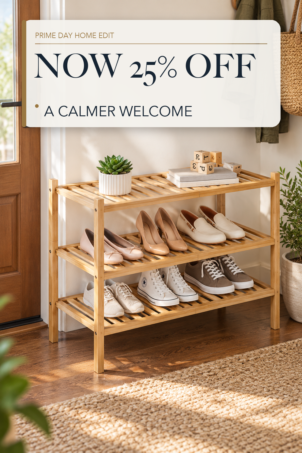 ROMGUAR CRAFT 3 Tier Bamboo Shoe Rack for Closet Free Standing Wood Shoe Shelf Storage Organizer for Entryway Small Space Stackable 27"x11"x20" (Natural); lifestyle styling illustration