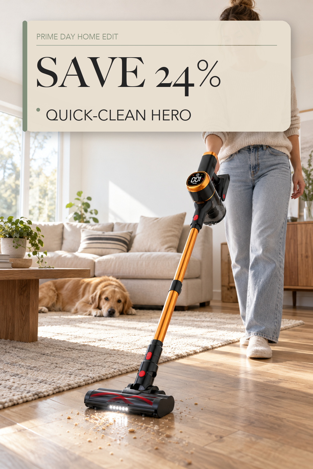 Tikom V500 Cordless Vacuum Cleaner for Home, 40000Pa/450W Stick Vacuum with LED Touch Screen, Charging Wall Dock, Anti-Tangle, Lightweight Handheld Vacuum for Pet Hair, Hard Floor, Carpet; lifestyle styling illustration