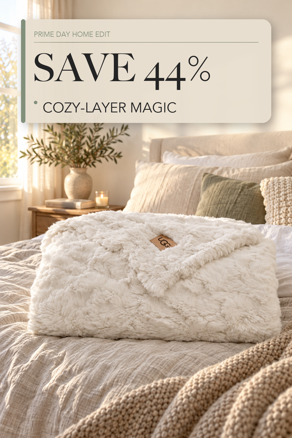 UGG Adalee Throw Blanket for Couch, Faux Fur Blanket, 50" x 70", White; lifestyle styling illustration