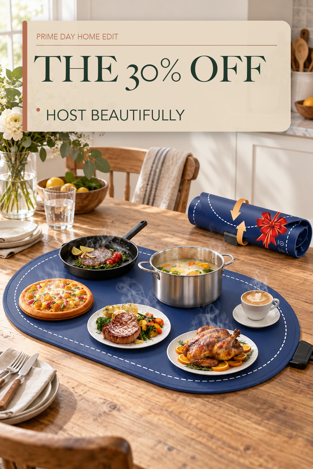 seenlast Warming Mat for Food with Adjustable Temperature Timer,10S Fast Heating Silicone Food Warmers for Parties Buffet and Home Daily,Food Warming Mat with Insulating Pad Raised Feet Protects Table; lifestyle styling illustration