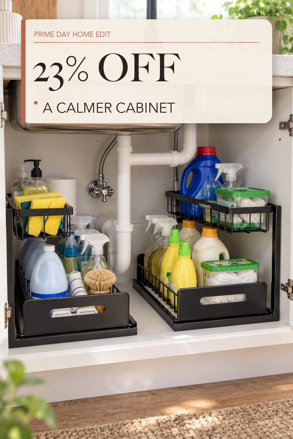 REALINN Under Sink Organizer, L-Shaped 2 Tier Pull Out Cabinet Organizer; lifestyle styling illustration