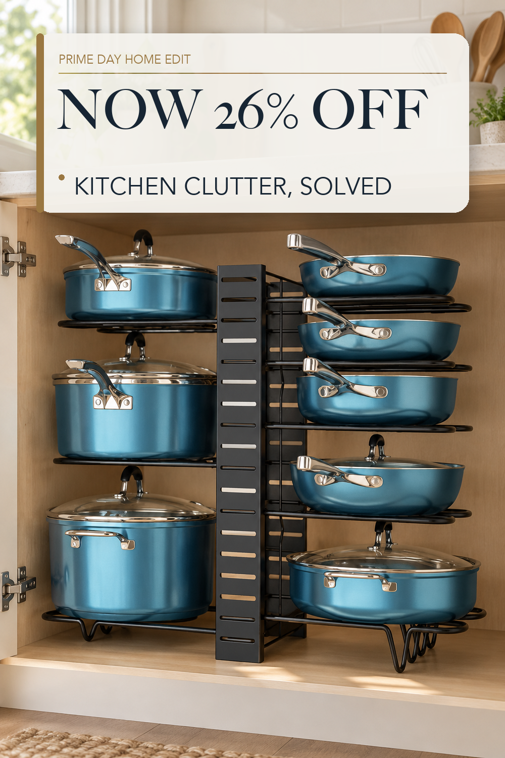 ORDORA Pots and Pans Organizer Under Cabinet 16.6", 8-Tier Adjustable Rack; lifestyle styling illustration
