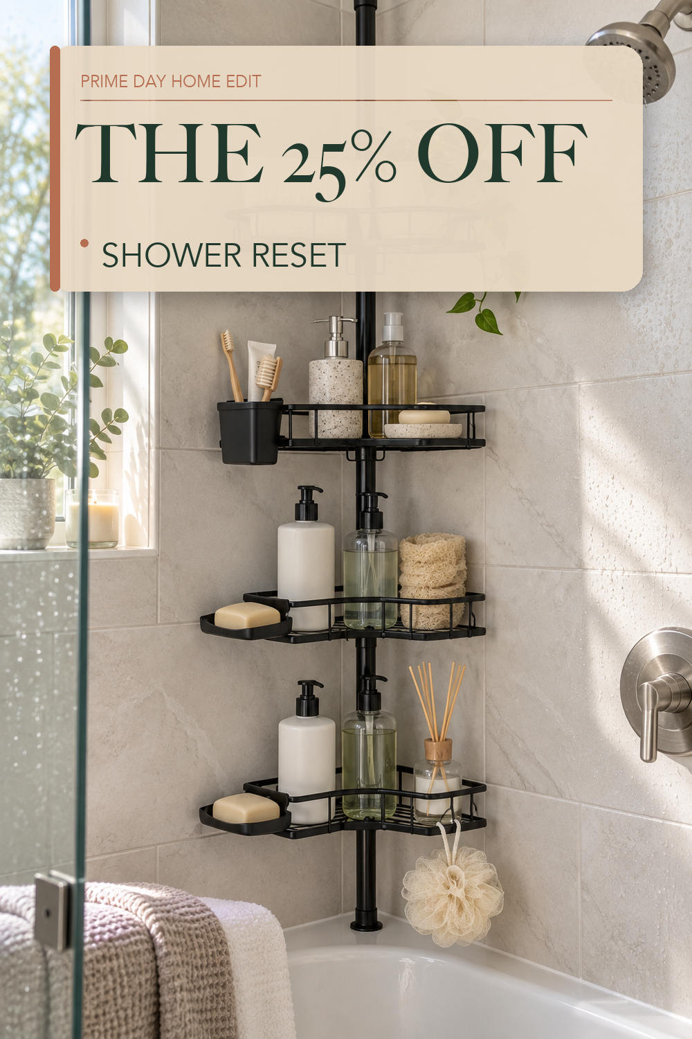 Adjustable Shower Caddy Tension Pole: Rustproof Corner Bathroom Shelves; lifestyle styling illustration