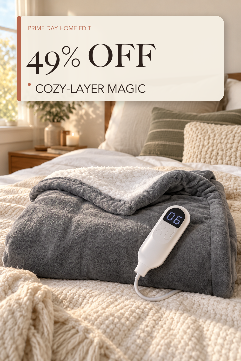 Bedsure Heated Blanket Throw Blanket with Preheat Function - Fast Heating Electric Blanket, Soft Flannel Throw with 6 Time Settings(Up to 10H), 6 Heating Settings, Gifts for Grandma (50"x60", Grey); lifestyle styling illustration