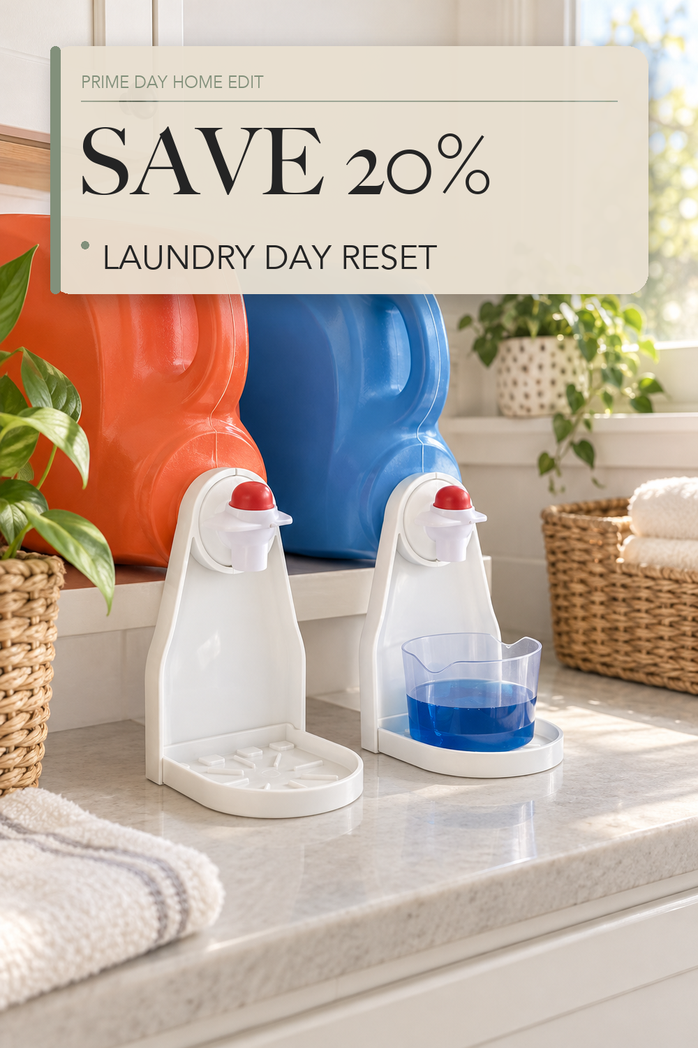 (2 Pack) Laundry Detergent Cup Holder Drip Catcher Organizer Clip Tight on Laundry Bottle Spouts, No More Leaks or Mess with Detergent and Fabric Softener in Laundry Room; lifestyle styling illustration
