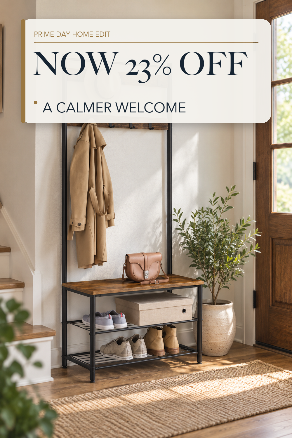 VASAGLE Coat Rack, Hall Tree with Shoe Storage Bench, 3-in-1, Steel Frame; lifestyle styling illustration