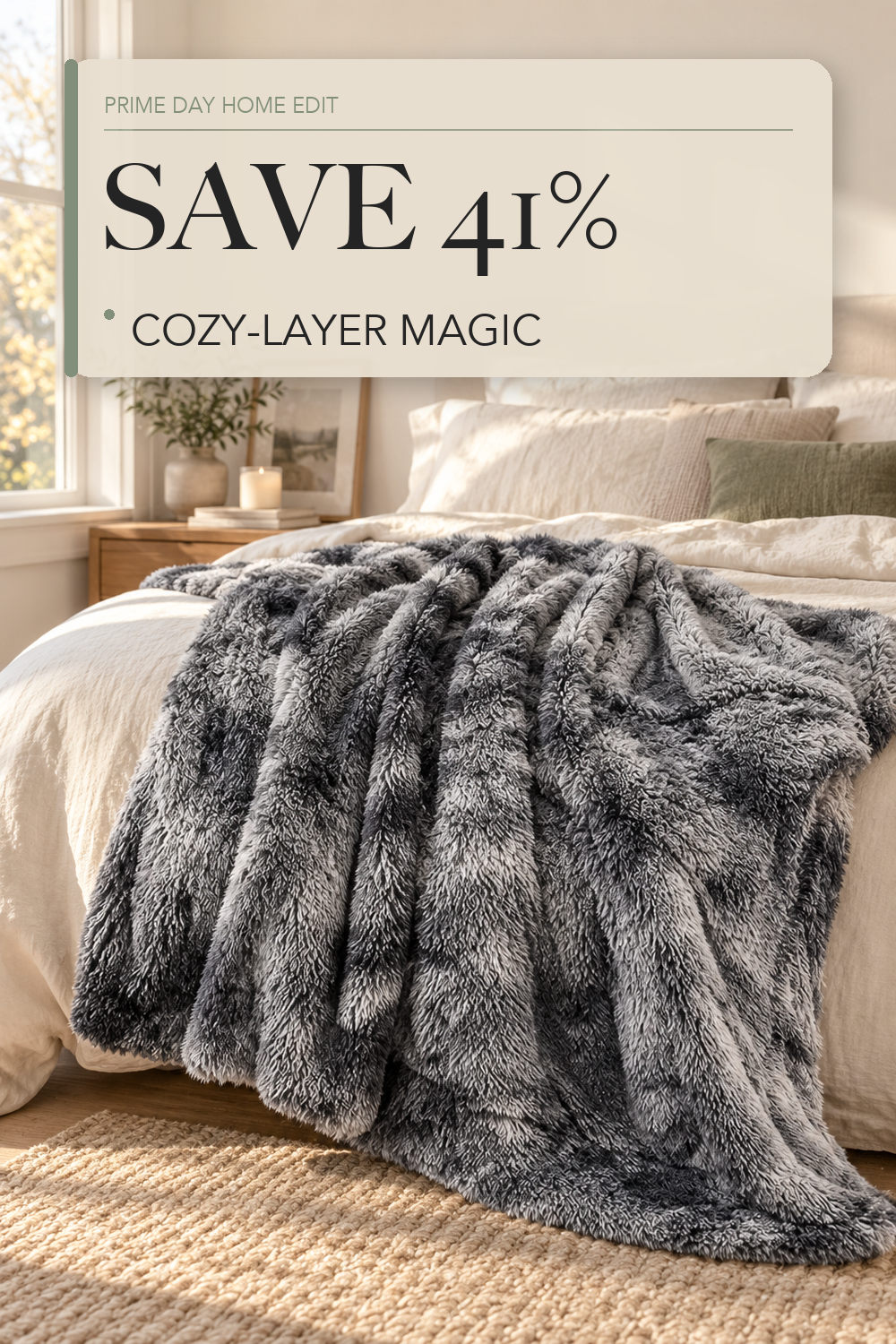 Bedsure Faux Fur Fluffy Fleece Sherpa Blanket Couch Throw Grey 50"x60"; lifestyle styling illustration