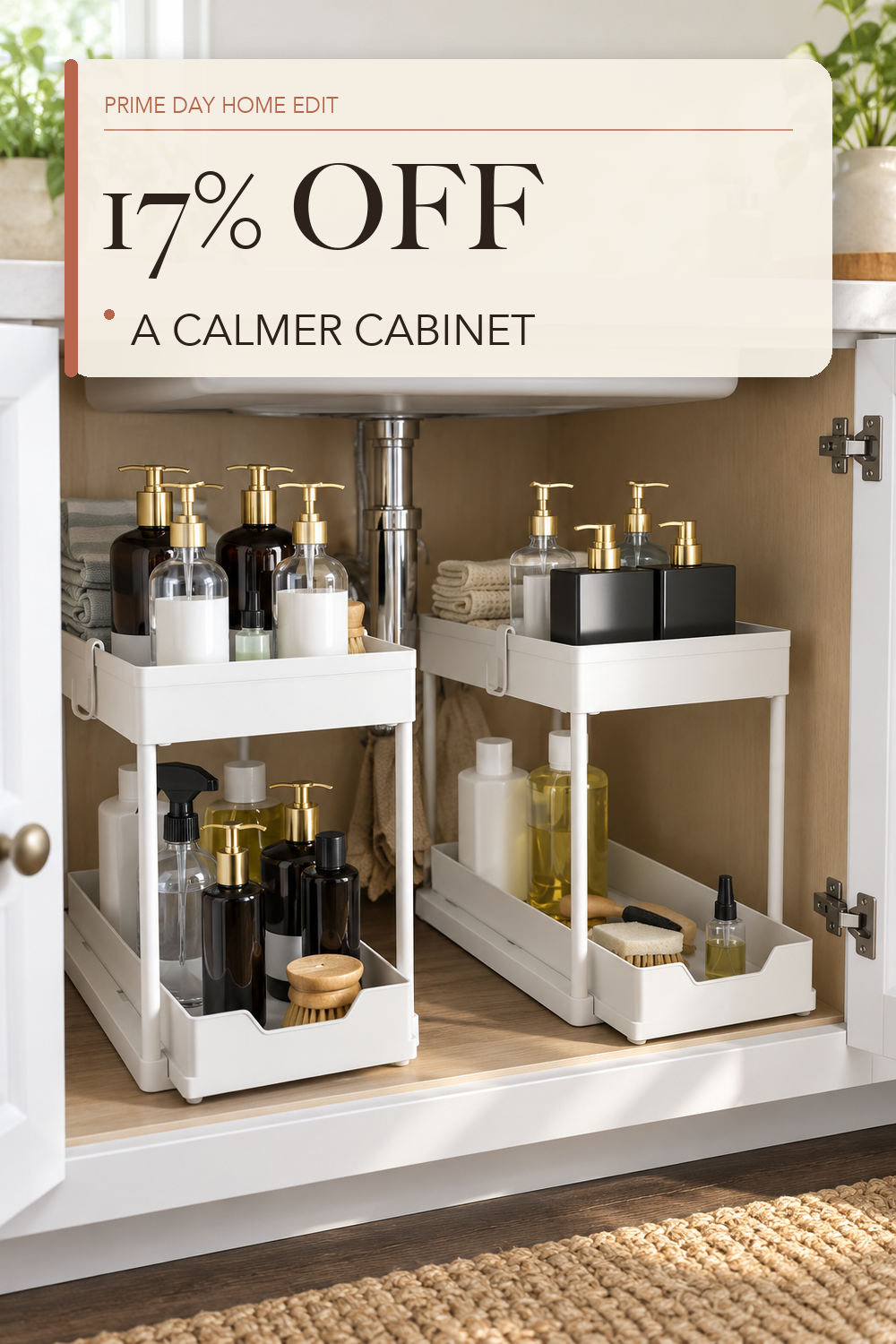DEKAVA Cabinet, 2 Pack Under Sink Organizer, 2 Tier Sliding Bathroom Kitchen Organizer, Large White ABS Baskets, Easy Install & Clean; lifestyle styling illustration