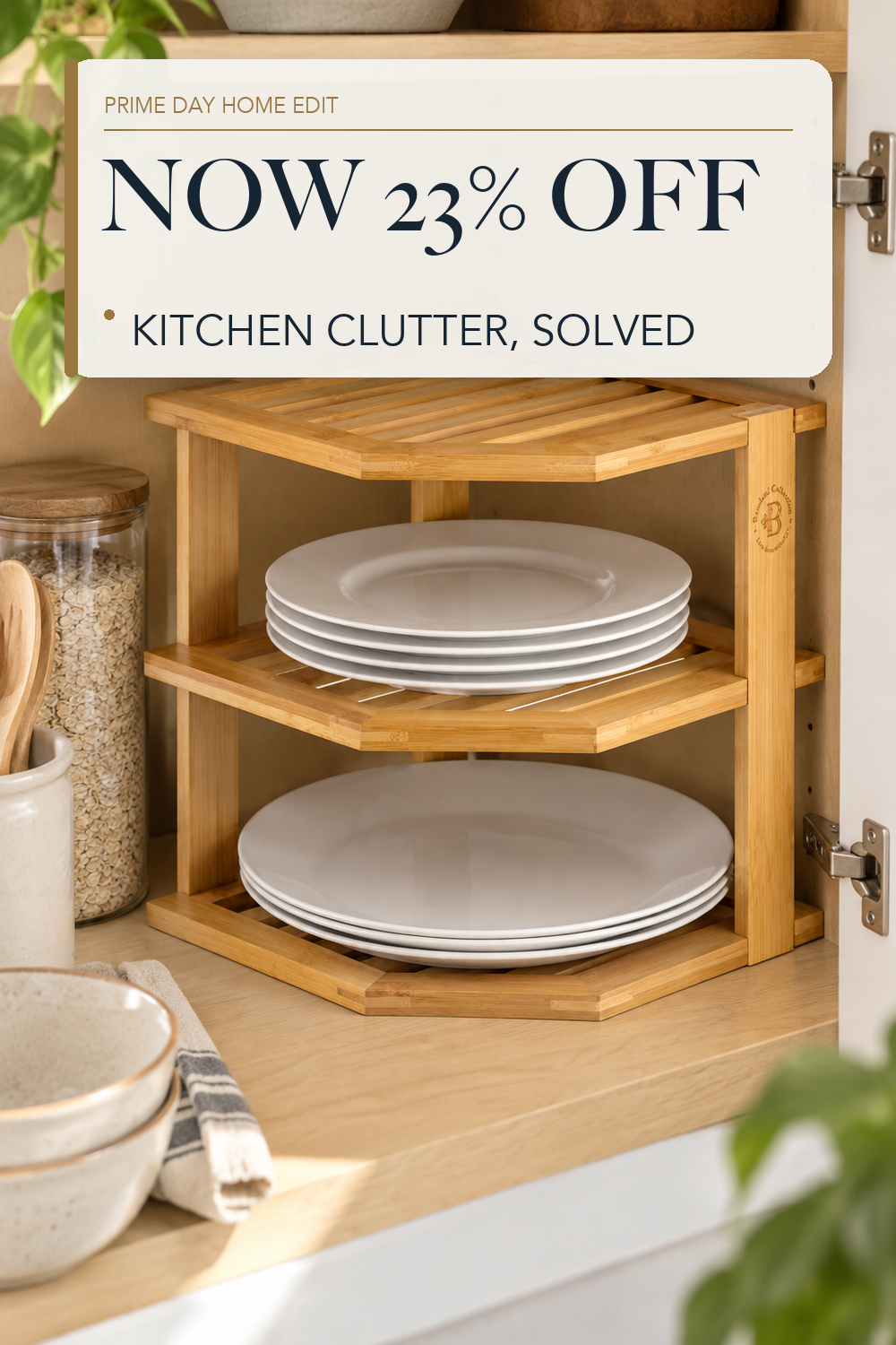 Bambüsi 3-Tier Corner Shelf, Kitchen Cabinet Organizer, Bamboo Storage Rack; lifestyle styling illustration