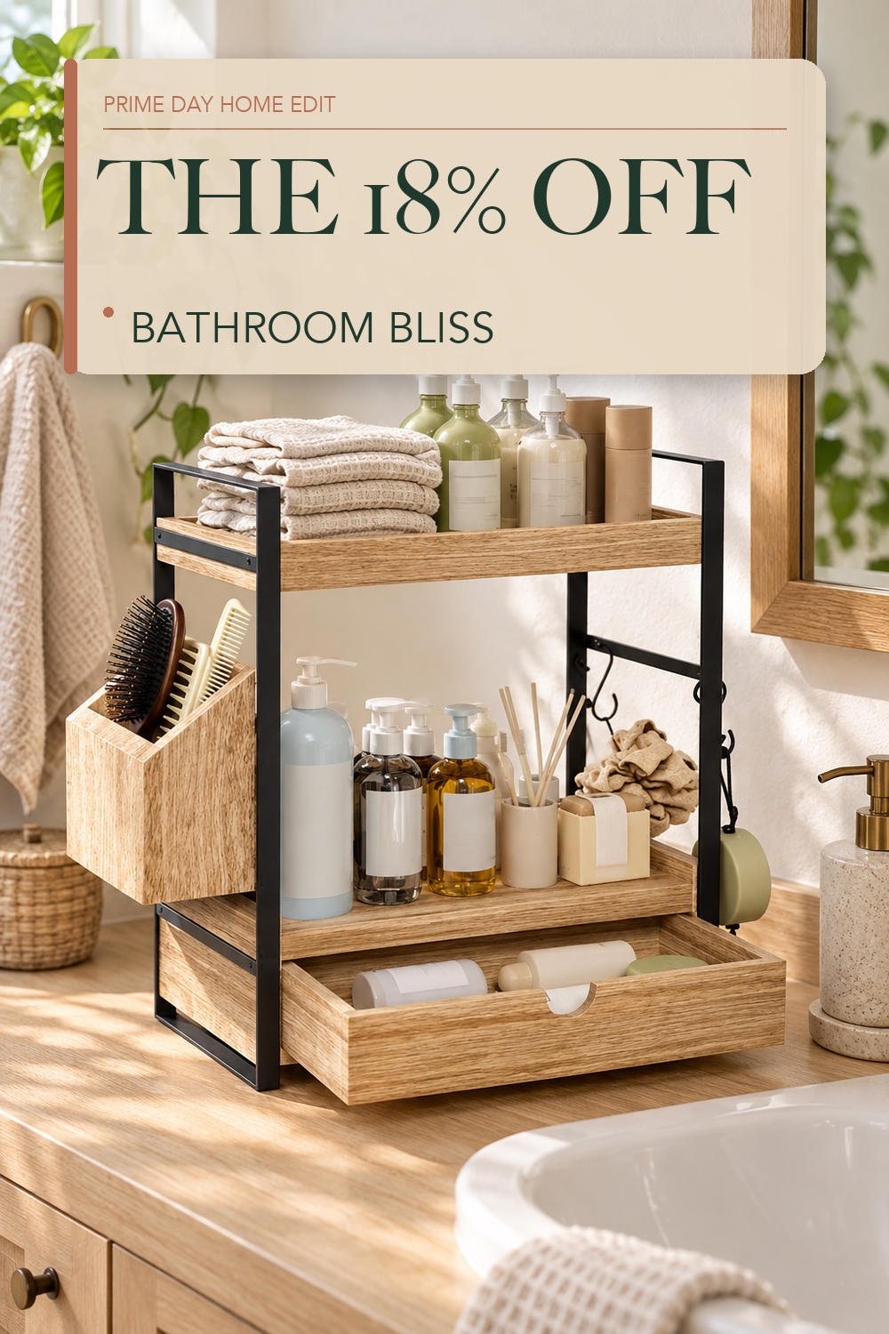 2-Tier Bathroom Counter Organizer, Wooden Vanity Shelf with Drawer & Basket; lifestyle styling illustration
