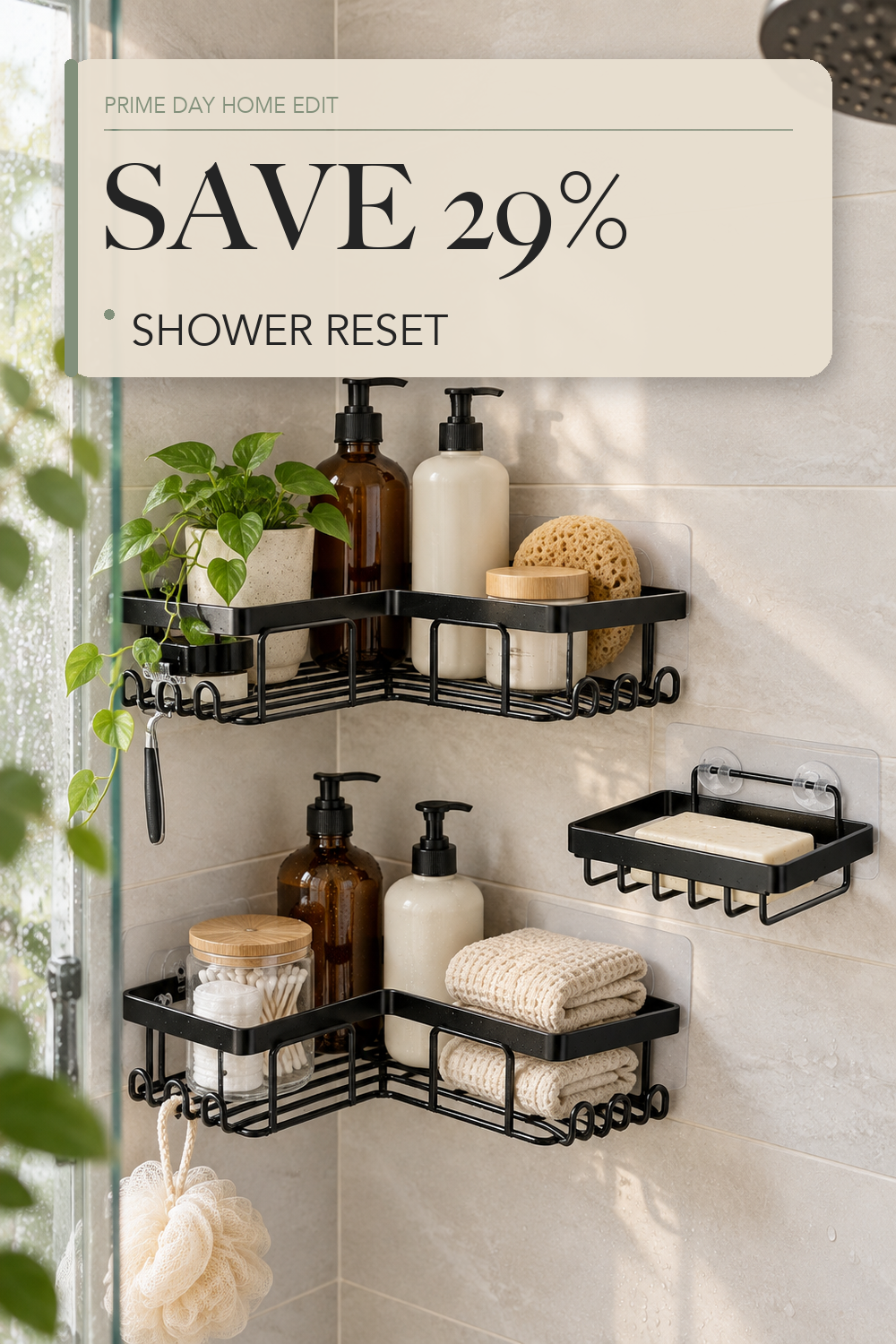 YASONIC Corner Adhesive Shower Caddy, with Soap Holder and 12 Hooks, Rustproof Stainless Steel Bathroom Organizer, No Drilling Wall Mounted Rack, Black, 3-Pack; lifestyle styling illustration
