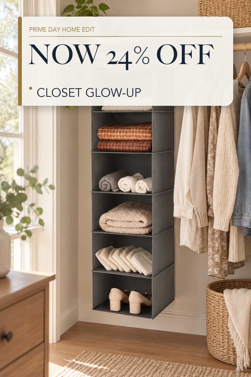 MAX Houser 6 Tier Hanging Closet Organizer with 2 Sturdy Hooks, Grey; lifestyle styling illustration