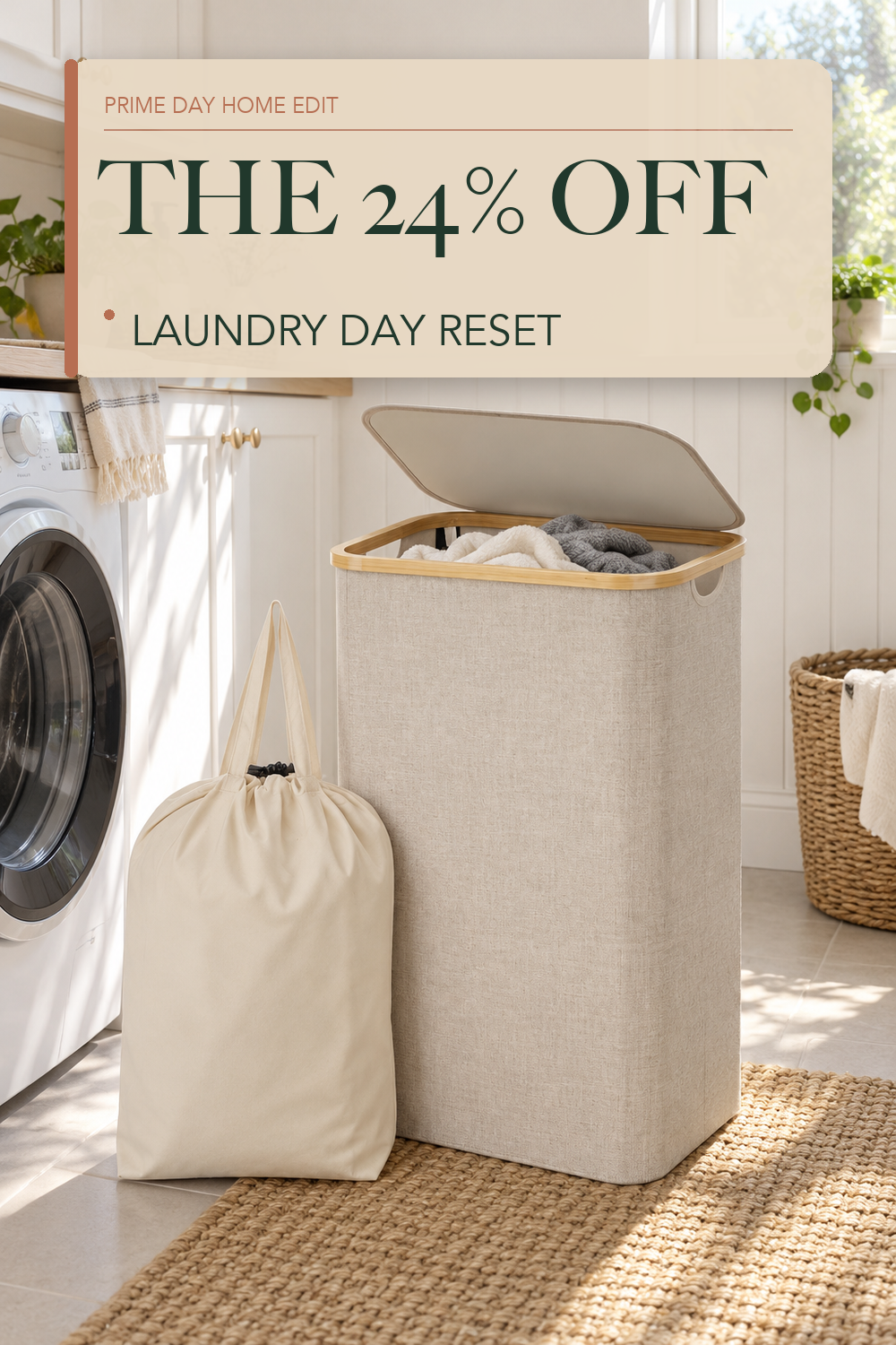 Lifewit 105L Large Laundry Basket with Lid, Removable Bags, Beige; lifestyle styling illustration
