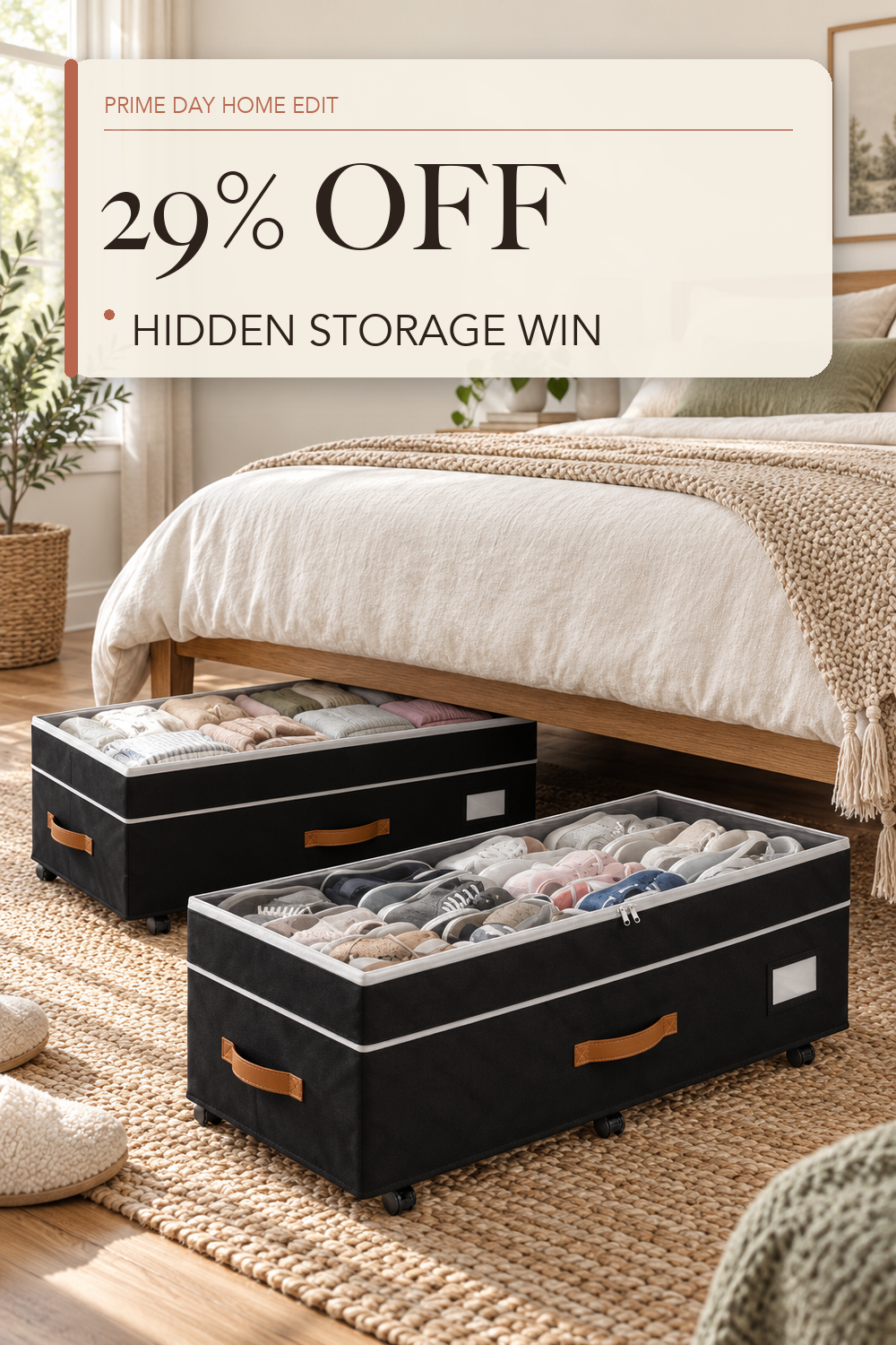 Budding Joy 80L 2 Pack Adjustable Under Bed Storage with Wheels; lifestyle styling illustration
