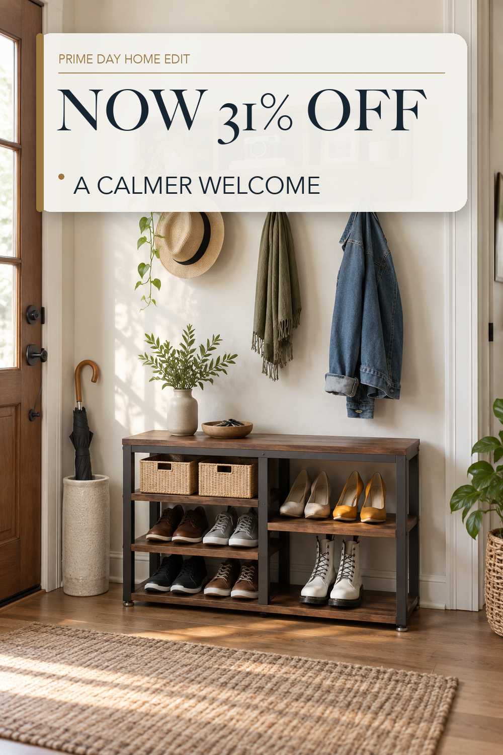 Tribesigns Industrial [Shoe] [Rack] [Bench] with Coat [Rack] Set with Hall Tree, 3 Storage Cubbies, 7 Hooks for Entryway, Hallway, 5-in-1Design, Rustic Brown; lifestyle styling illustration