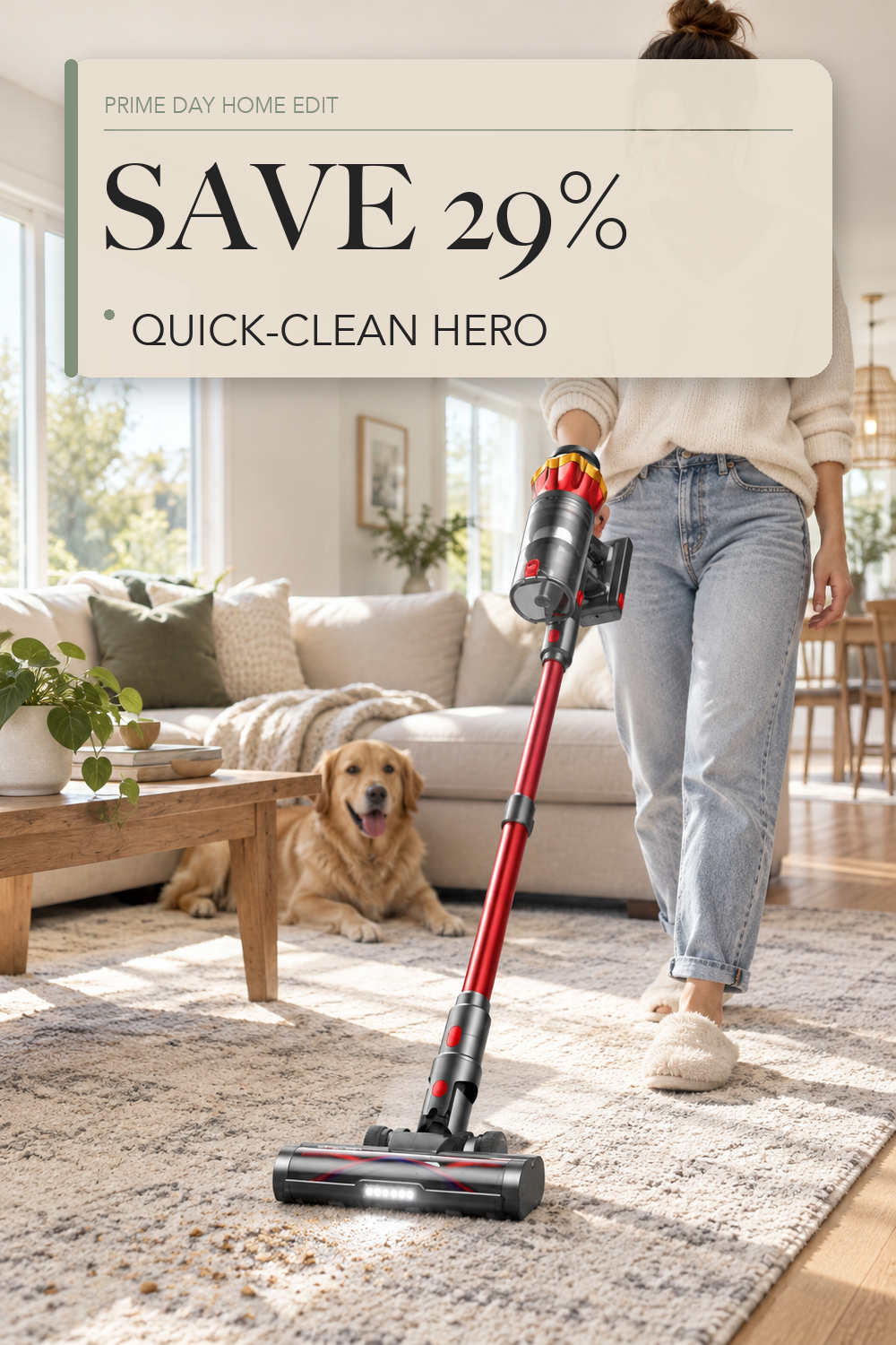 Cordless Vacuum Cleaner, 650W/55KPa 70Mins Vacuum Cleaners for Home, Self-Standing Stick Vacuum with Anti-Tangle Brush & OLED Touch Screen, Vacuum Cleaner for Hardwood Floors,Carpet,Pet Hair,Car (Red); lifestyle styling illustration