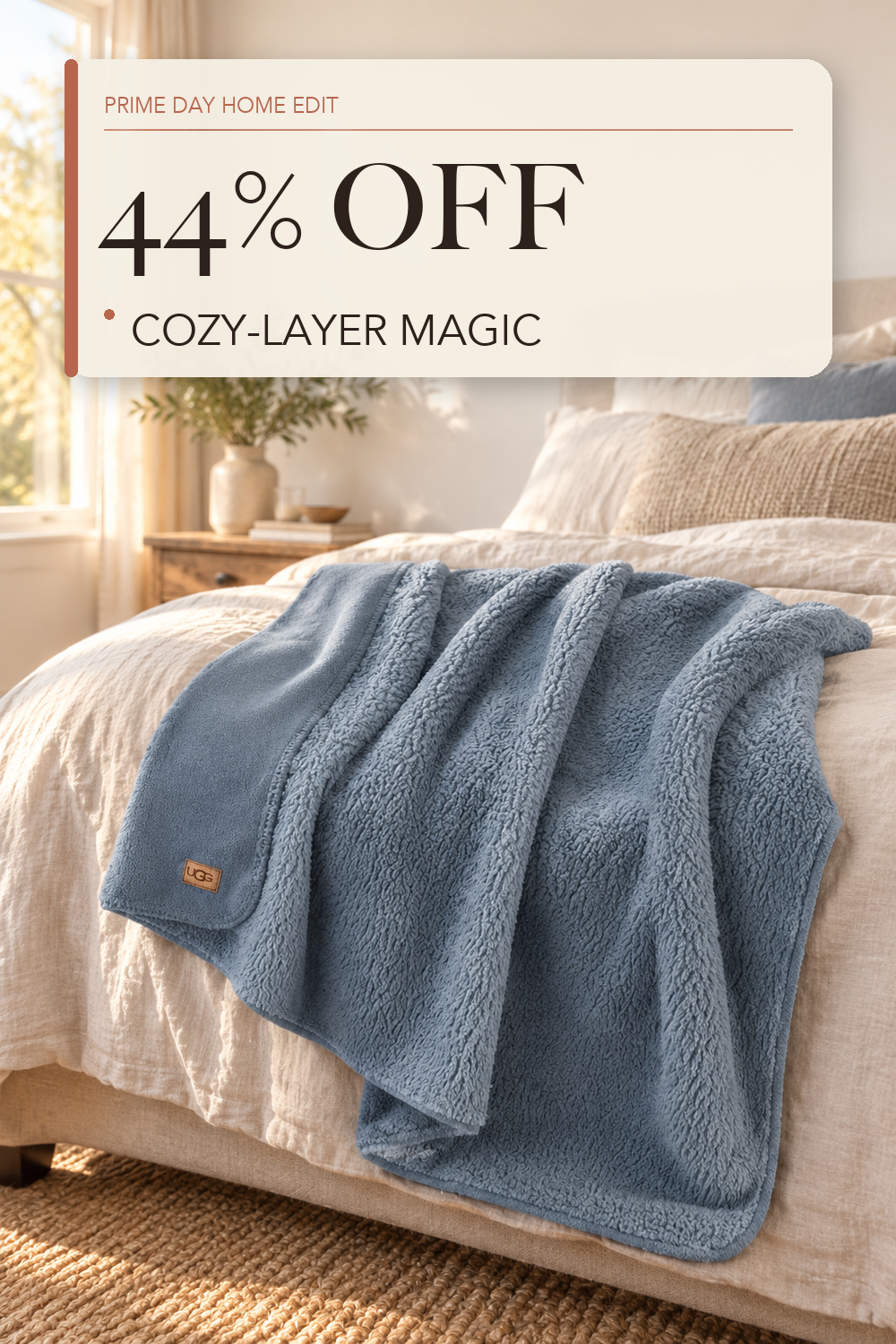 UGG Whitecap Throw Blanket, Soft Fleece Blanket, 50" x 70", Denim Blue; lifestyle styling illustration
