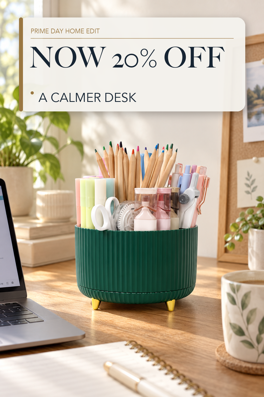 SKYDUE 360 Degree Rotating Desk Organizer, Dual-Purpose Pencil Pen Holder for Desk, Rotating Desk Pen Organizer with 5 Slots, Art Supplies, Pencil Cup for Office, School, Home; lifestyle styling illustration