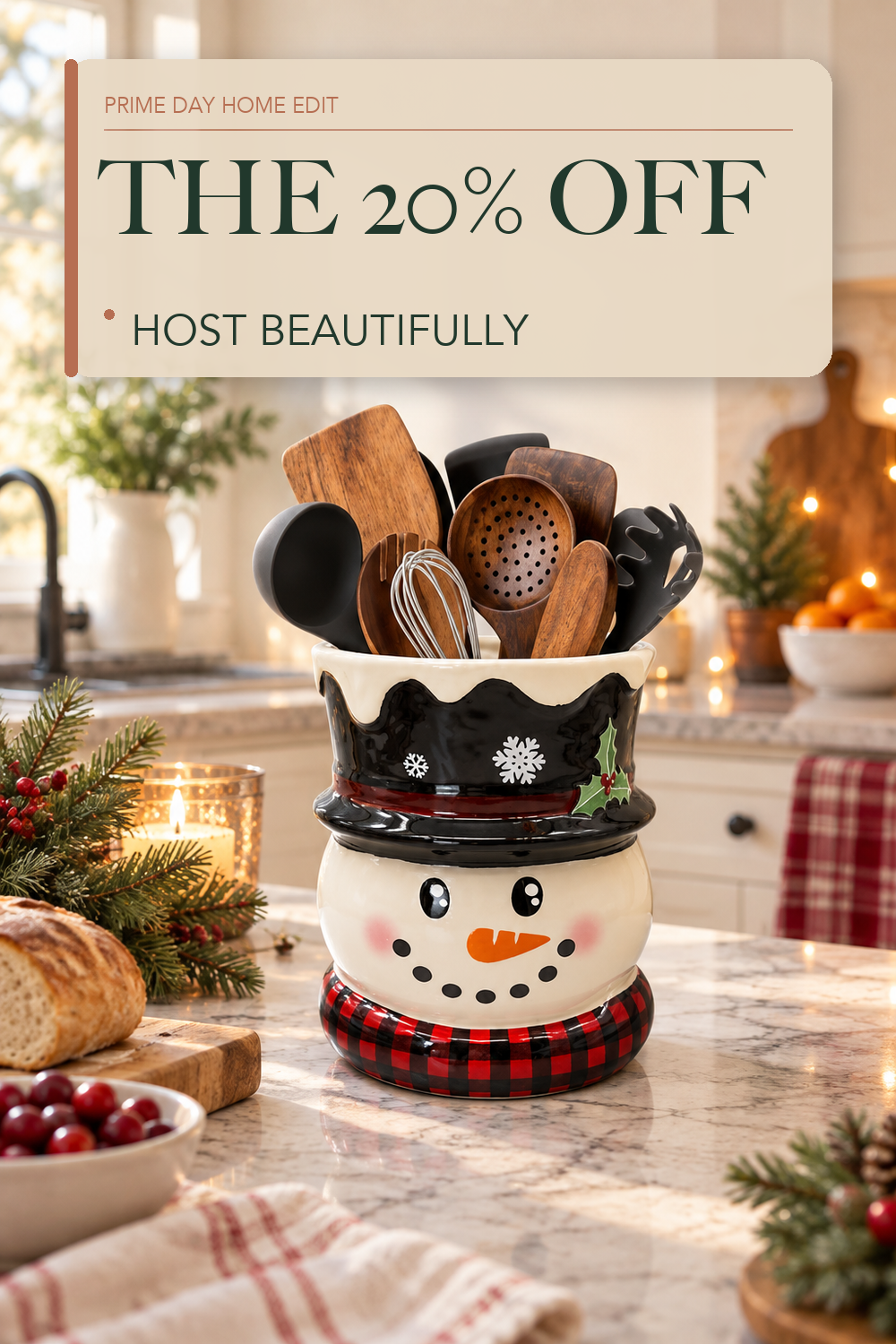 pinata Christmas Kitchen Decor, Snowman Christmas Ceramic Utensils Holder; lifestyle styling illustration