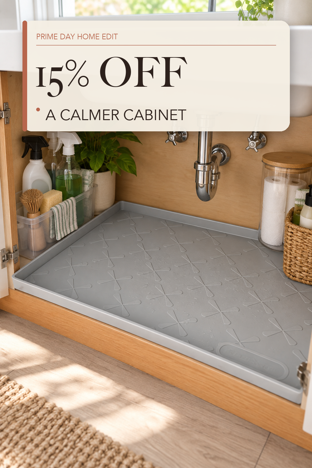 SIKADEER Waterproof Under Sink Mat 34" x 22", Silicone Mat Kitchen liner; lifestyle styling illustration