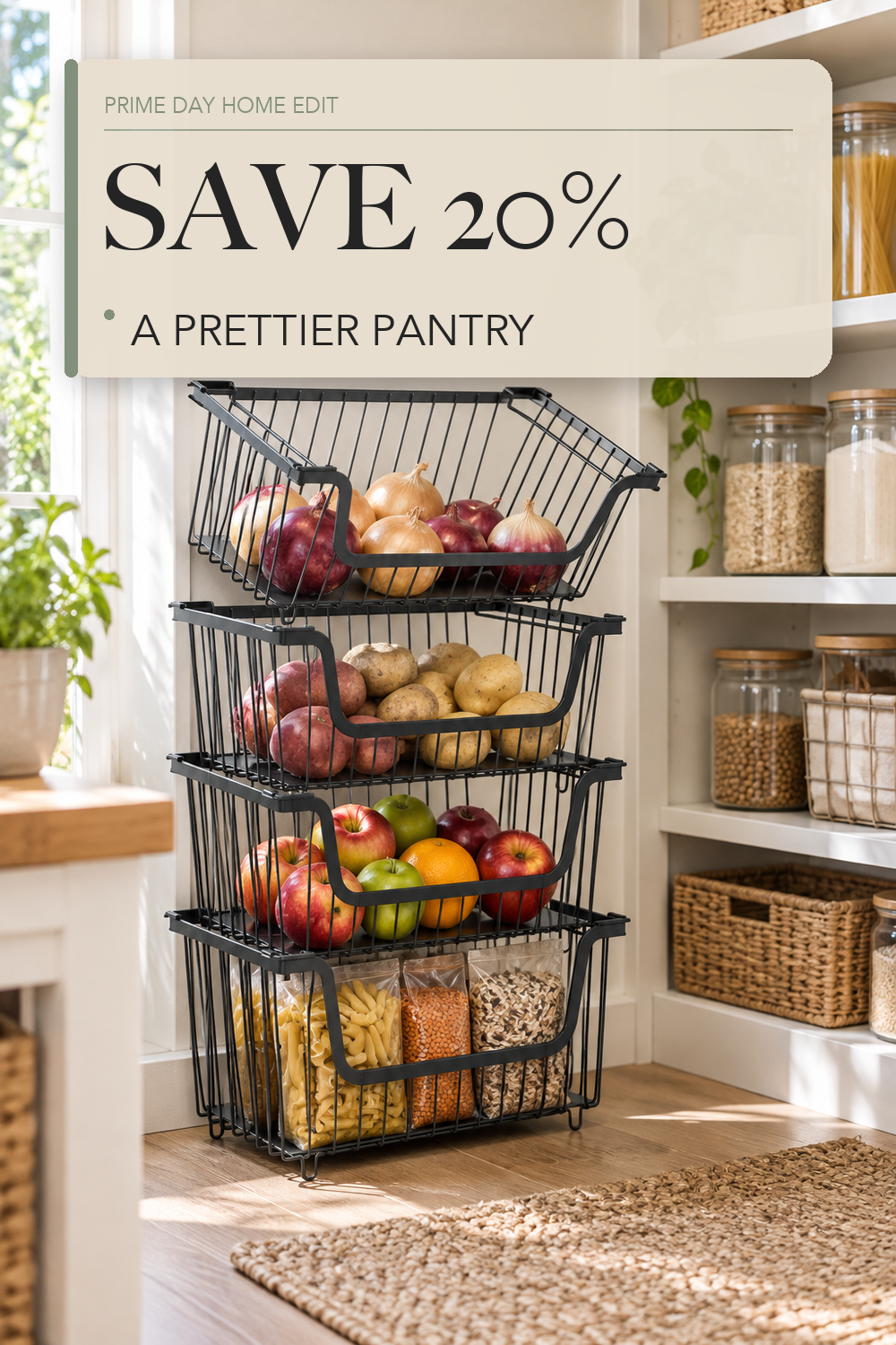 4 Pcs Stackable Wire Baskets Pantry Organizers and Storage Bins,Black; lifestyle styling illustration