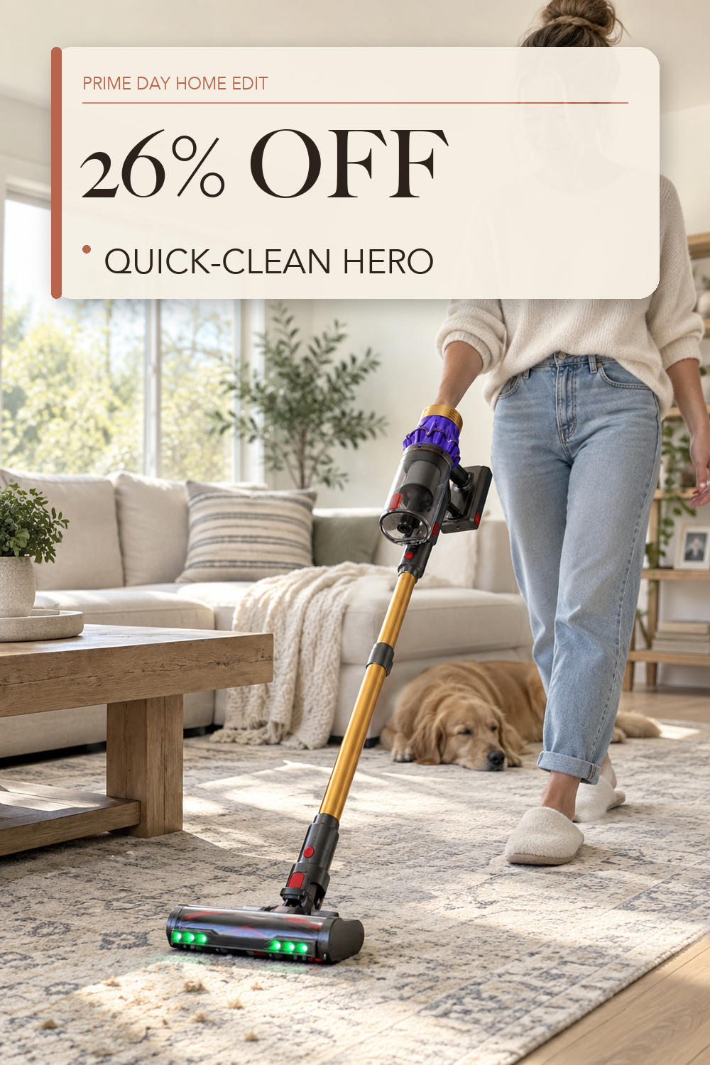 Cordless Vacuum Cleaner, 650W/60KPA/70 Mins Vacuum Cleaners for Home,Self-Standing Wireless Vacuum, Anti-Tangle Brush, Smart Display and 1.8L Cup Cordless Stick Vacuum Cleaner for Pet Hair/Carpets; lifestyle styling illustration